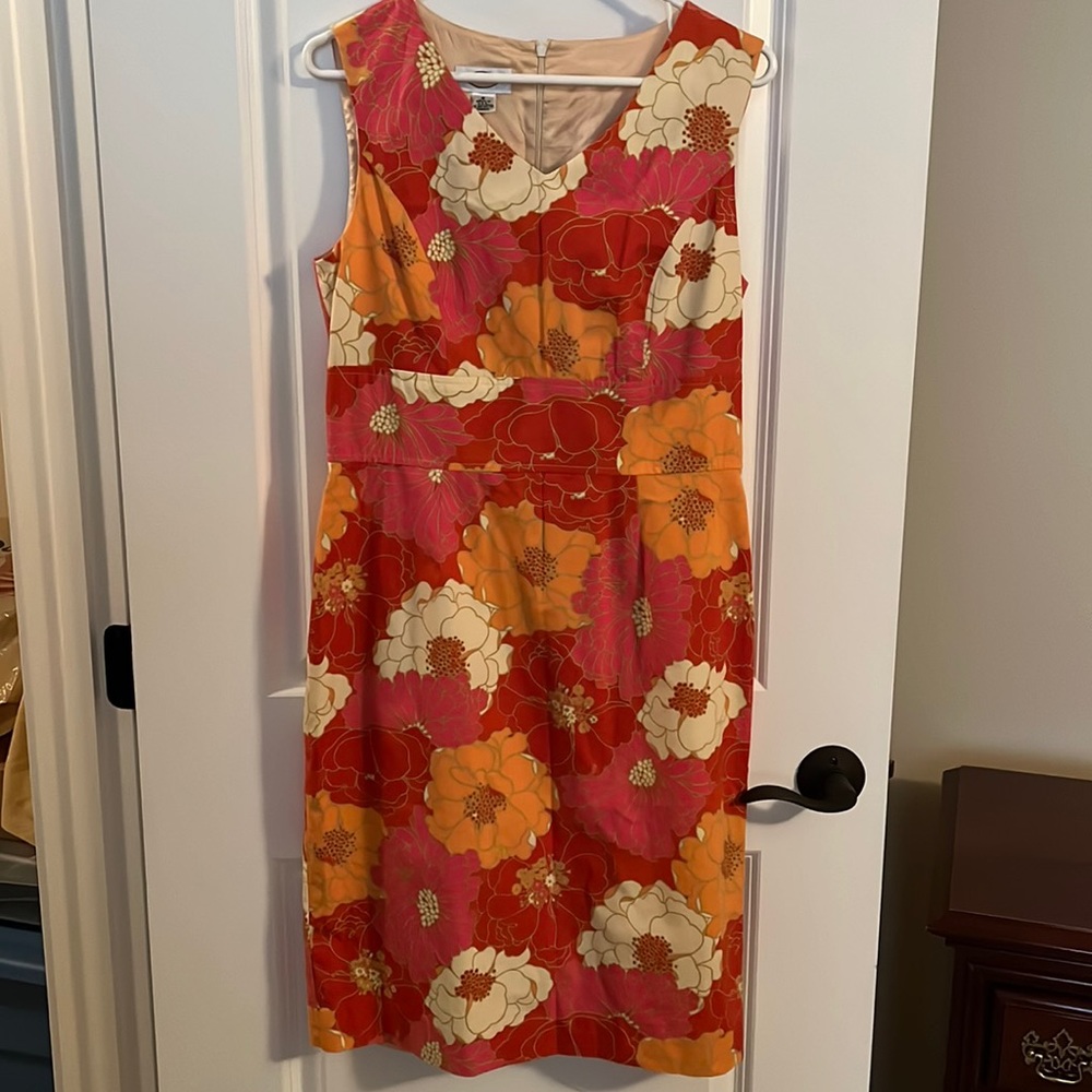 Talbots, size 8, orange, red, cream, pink sumner sheath dress.